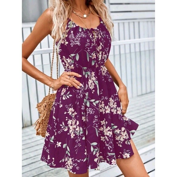 Dresses & Skirts - Boho Purple Floral Print Tie Front Cami Dress XSmall